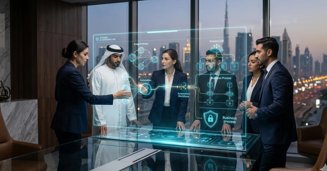 Business team using agentic AI technology in a modern global office
