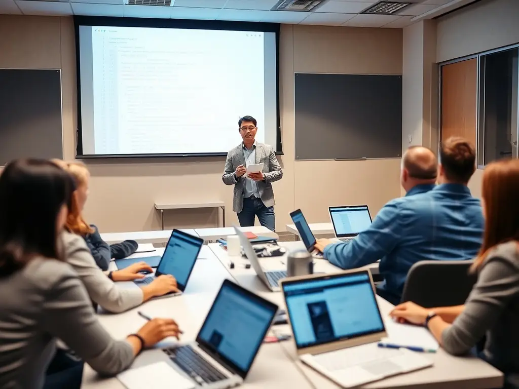 A trainer guiding participants through a hands-on AI coding exercise during a workshop, with code displayed on a large screen and participants actively typing on their laptops.