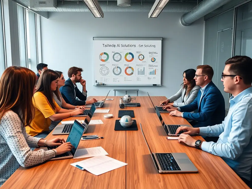 A brainstorming session with business leaders and AI experts discussing potential AI applications, representing AI Use Case Identification service.