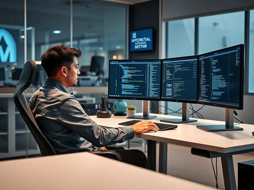 A developer working on a machine learning model on a computer screen with code and data visualizations, representing Custom AI Solution Development service.