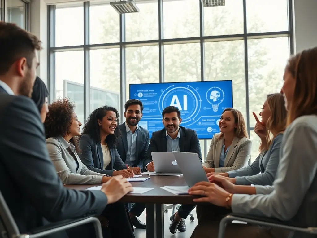 A brainstorming session with business leaders and AI experts discussing potential AI applications, representing AI Use Case Identification service.