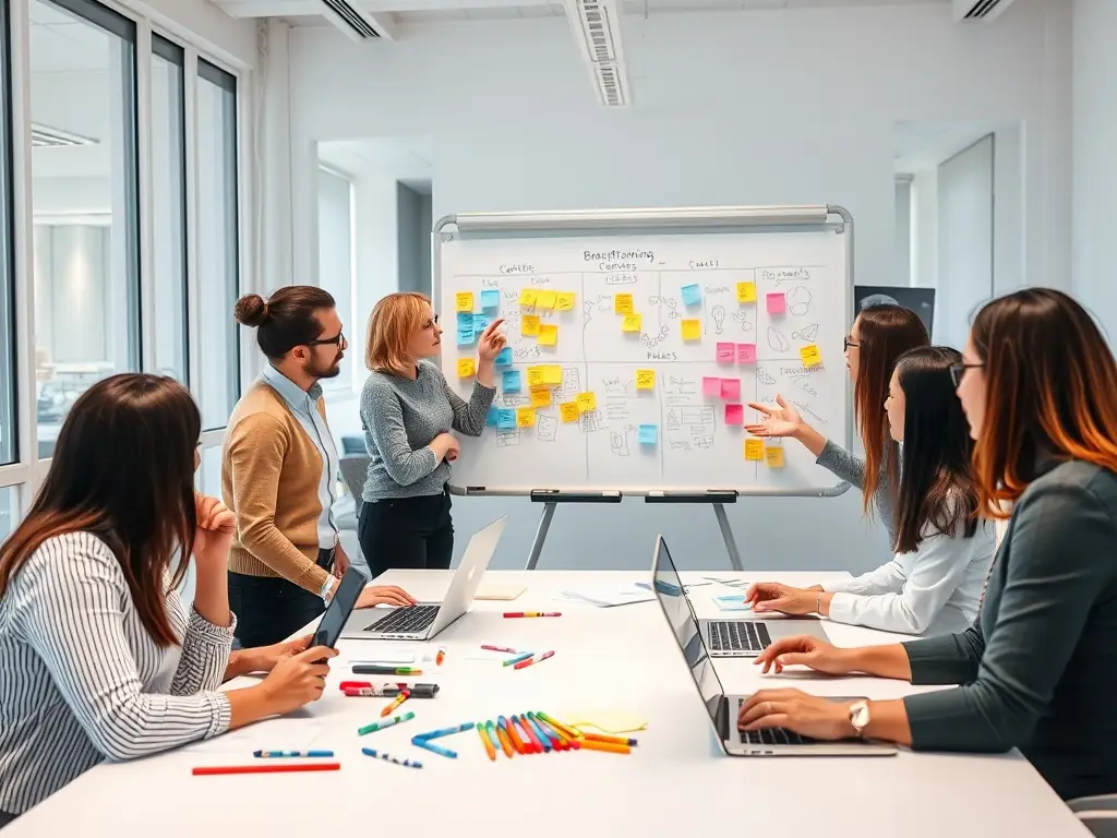 A team of business professionals brainstorming AI use cases during a Dataraq AI workshop, using sticky notes and whiteboards to map out potential applications.