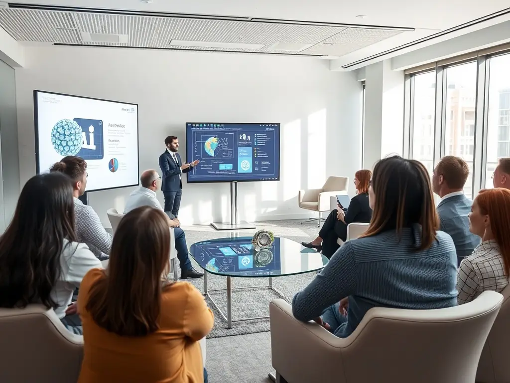 A diverse group of professionals actively participating in an AI workshop, collaborating on a project with laptops and engaging in discussions, set in a modern, well-lit training room.