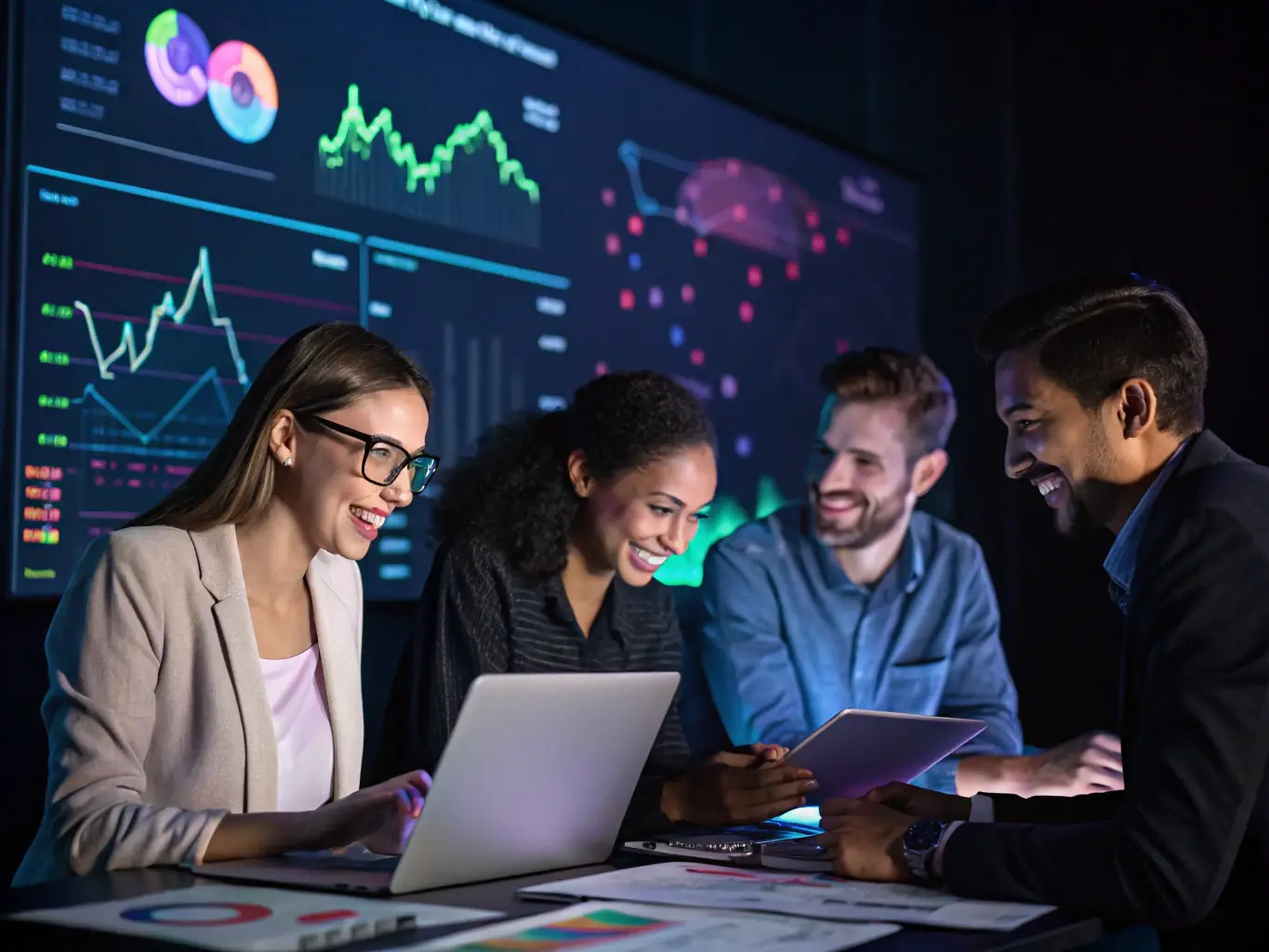 An image showing a team analyzing AI dashboards and selecting tools on a digital interface, representing AI Tool Selection & Strategy service.